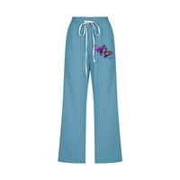 Ženske hlače veličine plus, Ležerne široke ošišane hlače, pamučne lanene hlače s printom džepa, nebesko plave boje
