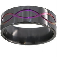 Ravni crni cirkonijev prsten s beskonačnim simbolom anodiziranim u ljubičastoj boji