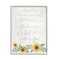 Uvijek moli, vjerska vjera, poslovica, cvijeće suncokreta, grafika, zidni tisak u bijelom okviru, dizajn Natalie Carpentieri