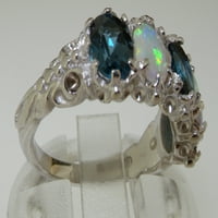 Ženski prsten od bijelog zlata od 10 karata britanske proizvodnje s prirodnim londonskim plavim topazom i opalom-opcije veličine