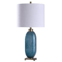 34 - inčna umjetnička plava staklena stolna svjetiljka s bazom od brušenog čelika i umetcima-bijeli abažur