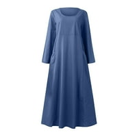 Haljine u donjem dijelu leđa, ženske modne haljine s okruglim vratom i džepom, široka haljina od pamuka i lana dugih rukava, plava