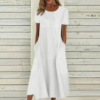 Modna ženska ljetna ležerna jednobojna široka boho majica s džepovima Maksi haljina za plažu s kratkim rukavima Bijela