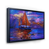 Crveni jedro brodski na ljubičastom zalasku sunca u plavom oceanu uokvirenom slikanjem platna umjetnički tisak