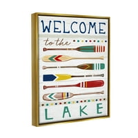 Stupell Industries Lake Welcome Sign prugasto vesla grafička umjetnost Metalno zlato plutajuće uokvireno platno Umjetnost tiska,