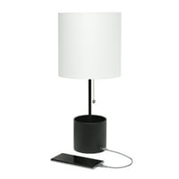 Stolna svjetiljka od kovanog metala jednostavnog dizajna s ulazom za punjenje i crnim sjenilom od tkanine