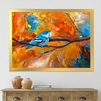Dizajnerski crtež plavkasto-Azurna ptica-Slavka koja sjedi na grani tradicionalni uokvireni umjetnički otisak